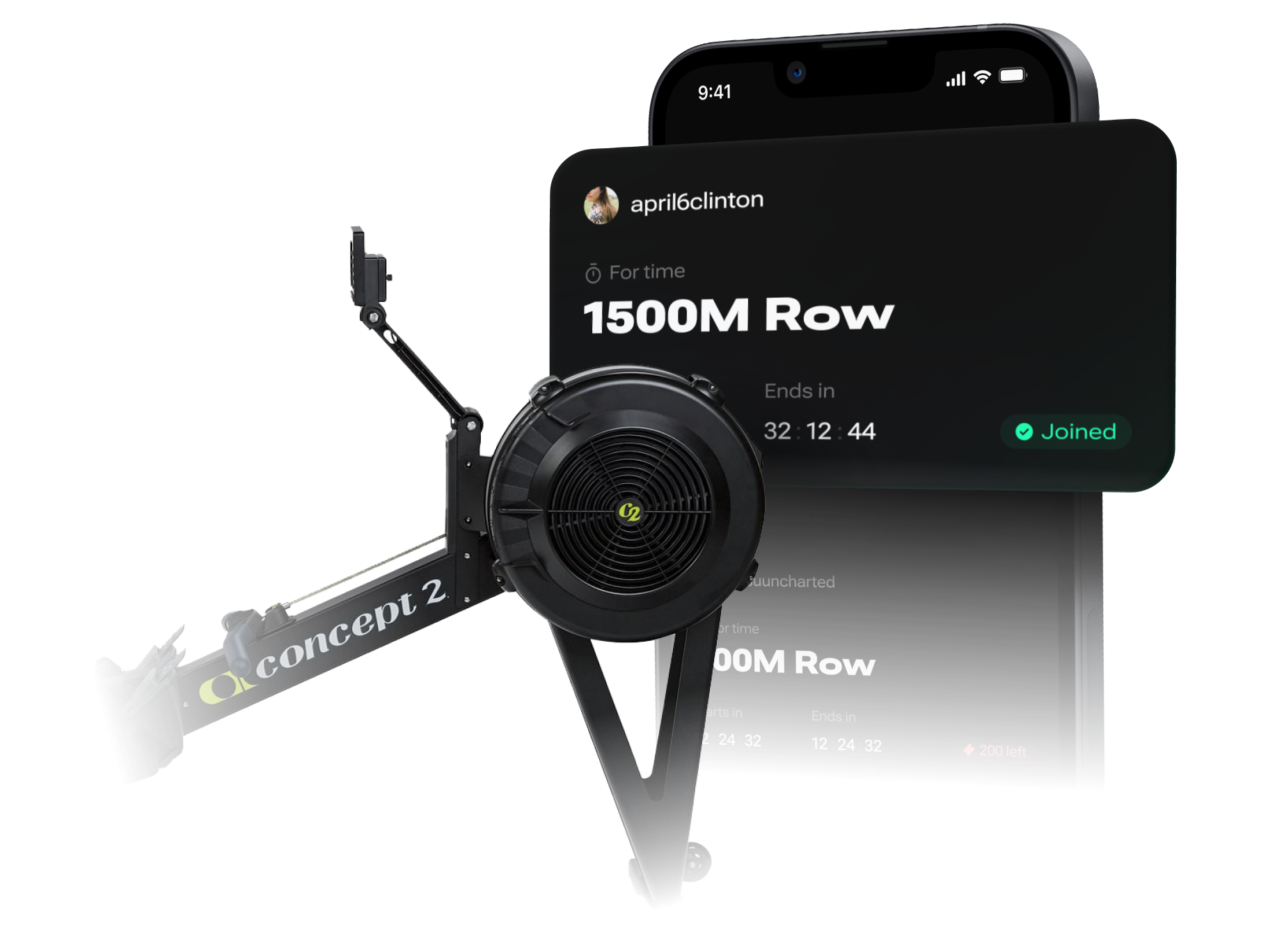 image of concept 2 rower and gym wallet mobile app next to it